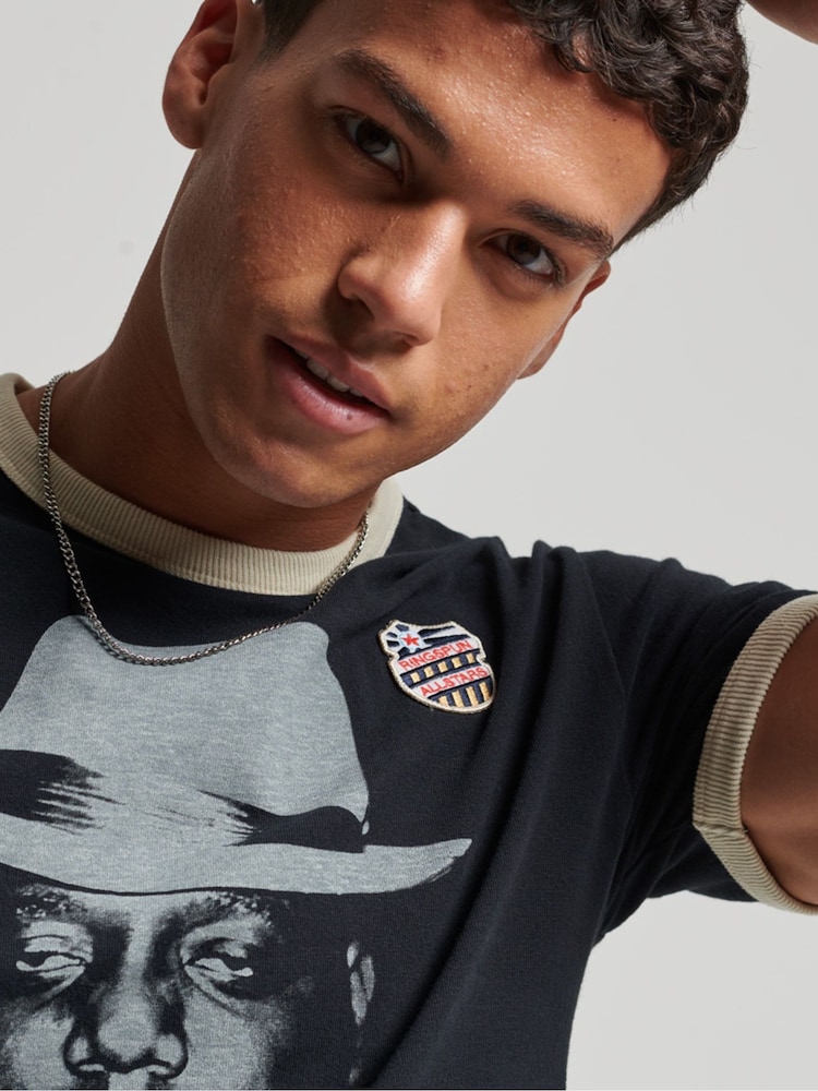 Superdry Black Ringspun Allstars BG 100% Cotton Graphic Ringer T-Shirt - Image 4 of 4