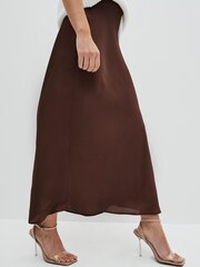 Chocolate Brown Satin Midi Skirt - Image 4 of 6