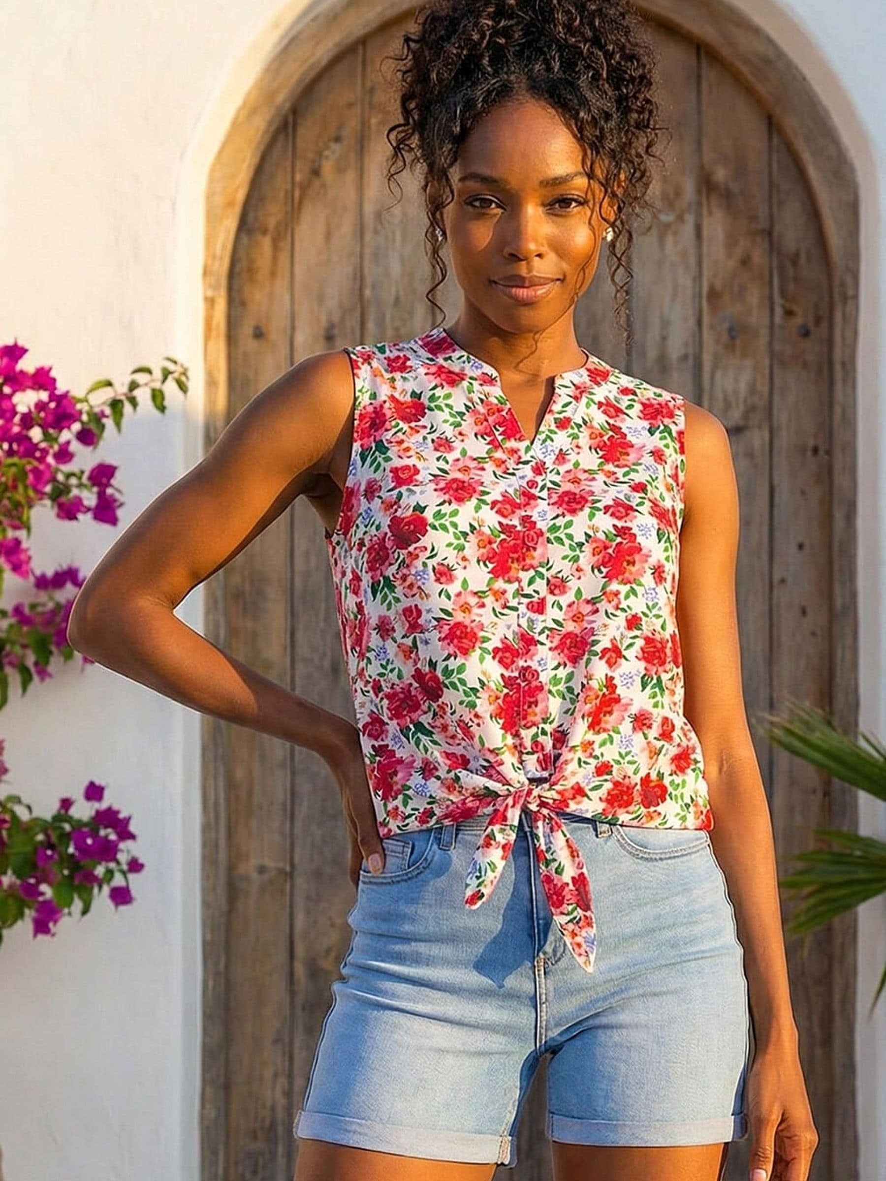 Roman Women's Red Floral Tie Front Blouse