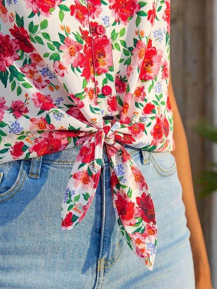 Roman Red Floral Tie Front Blouse - Image 2 of 4