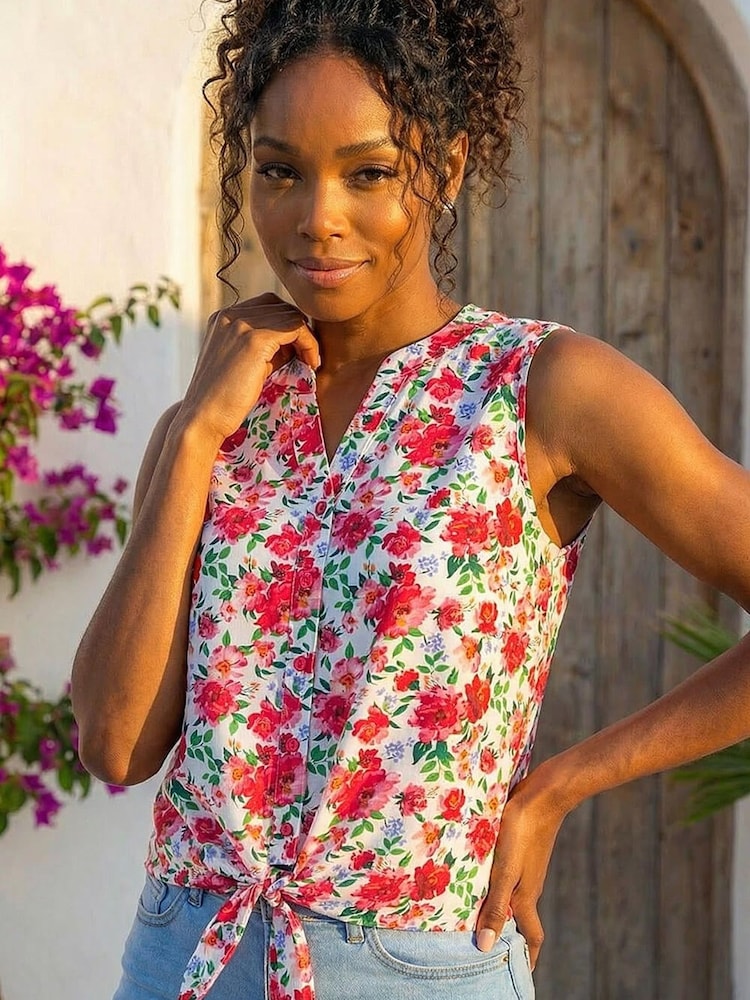 Roman Red Floral Tie Front Blouse - Image 4 of 4