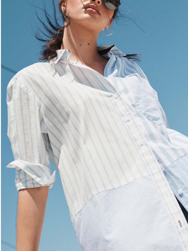 Blue Mix Stripe Oversized Striped Long Sleeve Cotton Shirt - Image 1 of 7