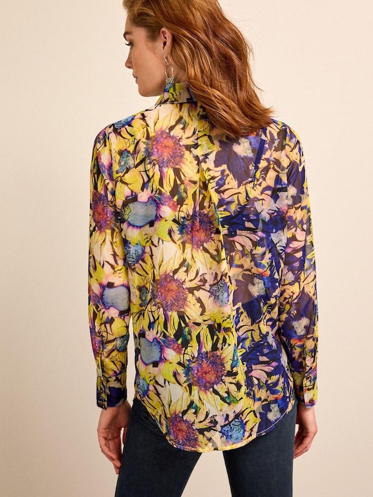 Large Flower Print Gold Button Detail Sheer Long Sleeve Shirt - Image 3 of 6