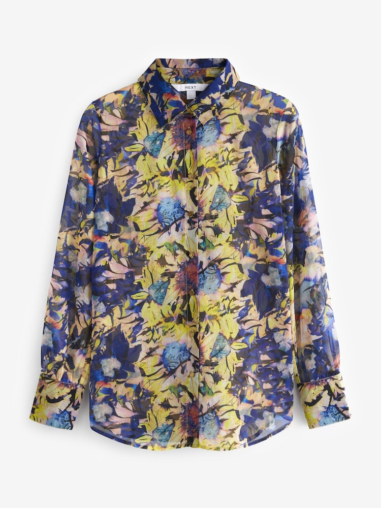 Large Flower Print Gold Button Detail Sheer Long Sleeve Shirt - Image 5 of 6
