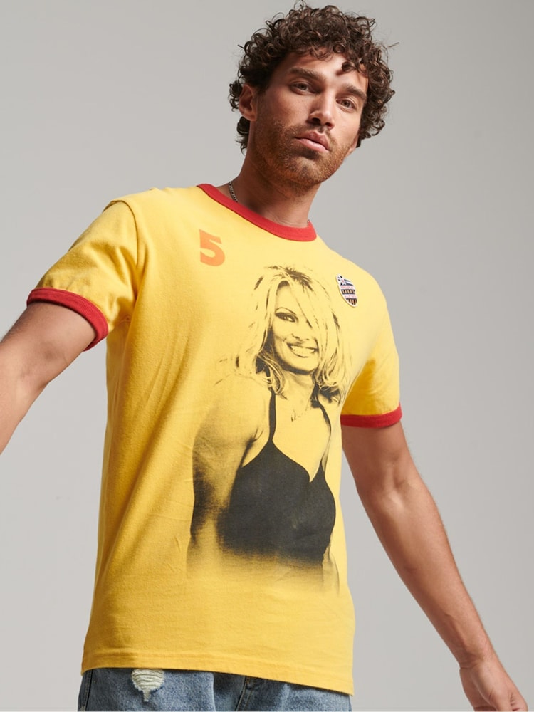 Superdry Yellow Ringspun Allstars PA 100% Cotton Graphic Ringer T-Shirt - Image 1 of 4