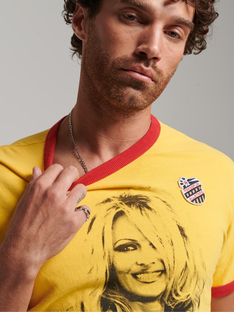 Superdry Yellow Ringspun Allstars PA 100% Cotton Graphic Ringer T-Shirt - Image 4 of 4