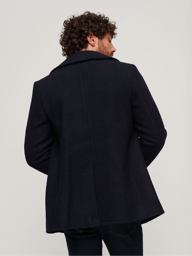 Superdry Blue Merchant Wool Pea Coat - Image 3 of 7