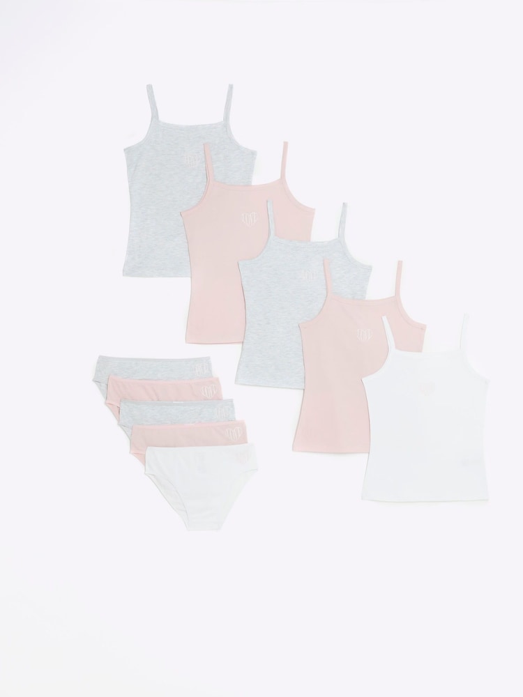 River Island Pink Girls 100% Cotton Vests And Briefs Set 10 Piece - Image 1 of 3 River Island Pink Girls 100% Cotton Vests And Briefs Set 10 Piece - Image 1 of 3