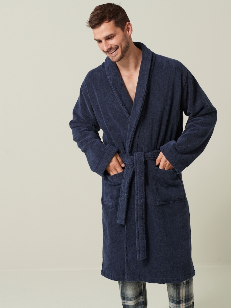 Navy Blue 100% Cotton Towelling Dressing Gown - Image 1 of 7