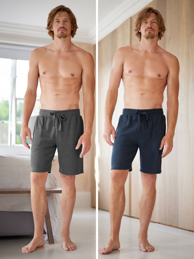 Grey/Navy Blue Waffle Texture Lightweight Joggers Shorts 2 Pack - Image 1 of 15
