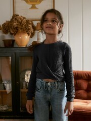 Black Textured Wrap Long Sleeve T-Shirt (3-16yrs) - Image 1 of 5