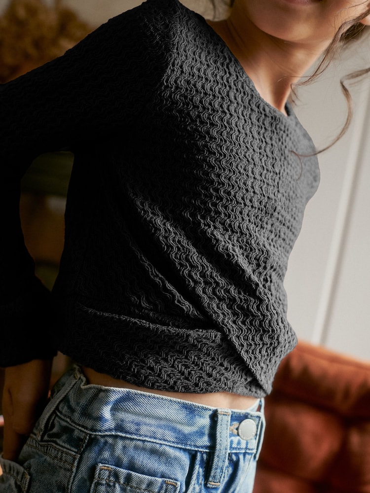 Black Textured Wrap Long Sleeve T-Shirt (3-16yrs) - Image 2 of 5