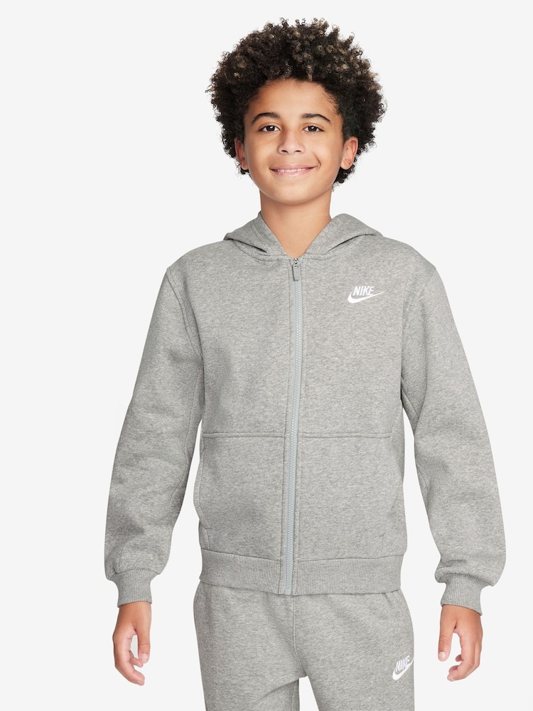 Nike Dark Grey Heather Club Fleece Zip Through Hoodie - Image 5 of 8
