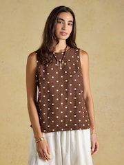 Joules Cove Brown Spot Round Neck Sleeveless Top with Linen - Image 1 of 9