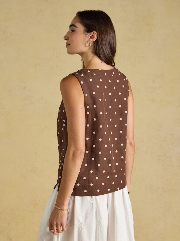 Joules Cove Brown Spot Round Neck Sleeveless Top with Linen - Image 2 of 9 Joules Cove Brown Spot Round Neck Sleeveless Top with Linen - Image 2 of 9