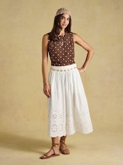 Joules Cove Brown Spot Round Neck Sleeveless Top with Linen - Image 3 of 9