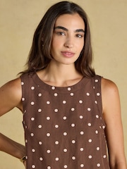Joules Cove Brown Spot Round Neck Sleeveless Top with Linen - Image 4 of 9