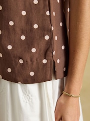 Joules Cove Brown Spot Round Neck Sleeveless Top with Linen - Image 5 of 9