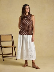 Joules Cove Brown Spot Round Neck Sleeveless Top with Linen - Image 6 of 9
