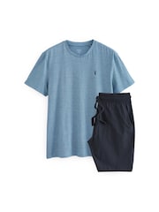 Blue Fine Stripe / Navy 100% Cotton Jersey Pyjama Shorts Set - Image 7 of 10
