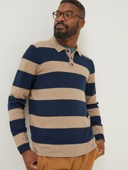 FatFace Blue Braunton Knitted Rugby Stripe Polo Shirt - Image 1 of 4