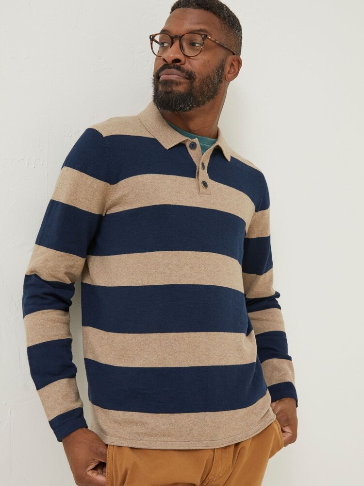 FatFace Blue Braunton Knitted Rugby Stripe Polo Shirt - Image 1 of 4 FatFace Blue Braunton Knitted Rugby Stripe Polo Shirt - Image 1 of 4