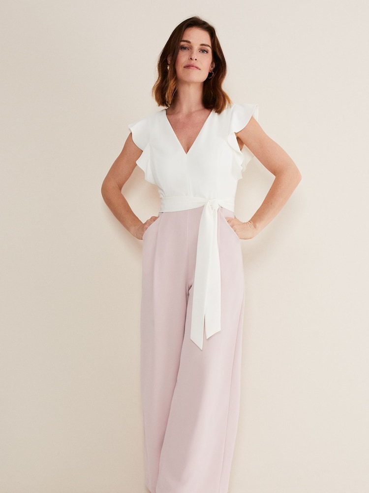 Phase Eight Pink Petite Kallie V-Neck Frill Jumpsuit - Image 1 of 6