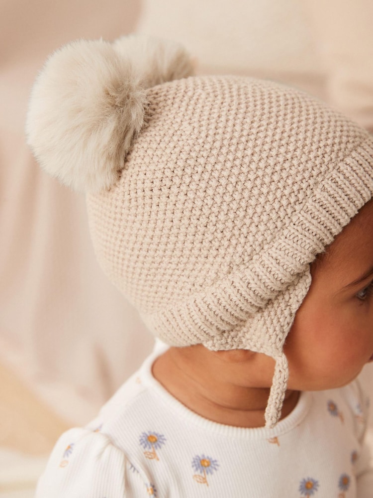 Neutral Knitted Double Pom Baby Hat (0mths-2yrs) - Image 2 of 4