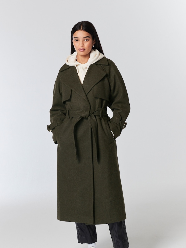 Khaki Green Belted Quilt Lined Trench Style Coat - Image 1 of 9
