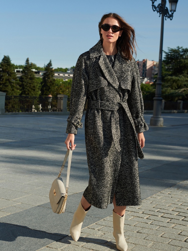 Textured Monochrome Herringbone Belted Quilt Lined Trench Style Coat - Image 2 of 7