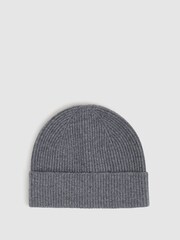 Reiss Charcoal Chaise Merino Wool Ribbed Beanie Hat - Image 1 of 4