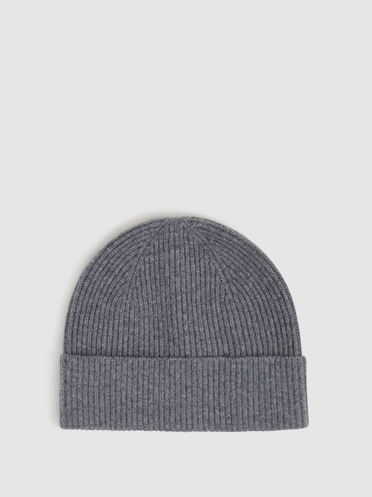 Reiss Charcoal Chaise Merino Wool Ribbed Beanie Hat - Image 1 of 4