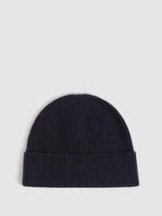 Reiss Navy Chaise Merino Wool Ribbed Beanie Hat - Image 1 of 4