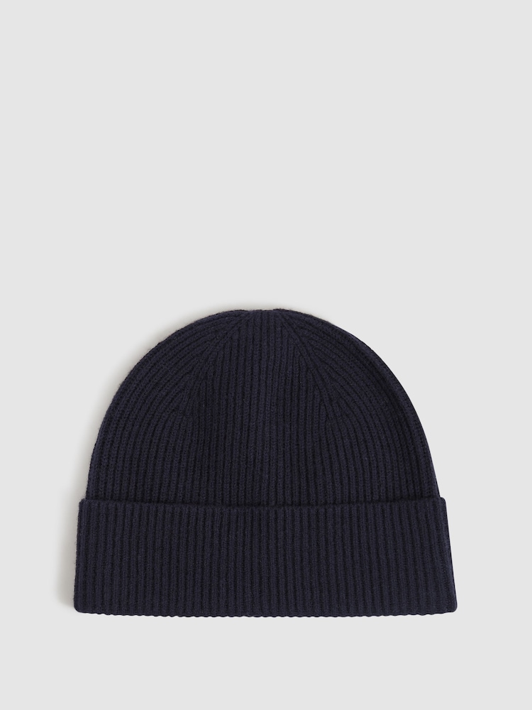 Reiss Navy Chaise Merino Wool Ribbed Beanie Hat - Image 1 of 4
