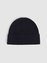 Reiss Navy Chaise Merino Wool Ribbed Beanie Hat - Image 3 of 4