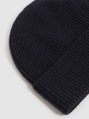 Reiss Navy Chaise Merino Wool Ribbed Beanie Hat - Image 4 of 4
