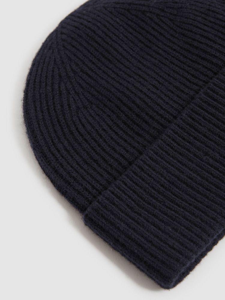 Reiss Navy Chaise Merino Wool Ribbed Beanie Hat - Image 4 of 4