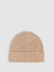 Reiss Camel Chaise Merino Wool Ribbed Beanie Hat - Image 1 of 5