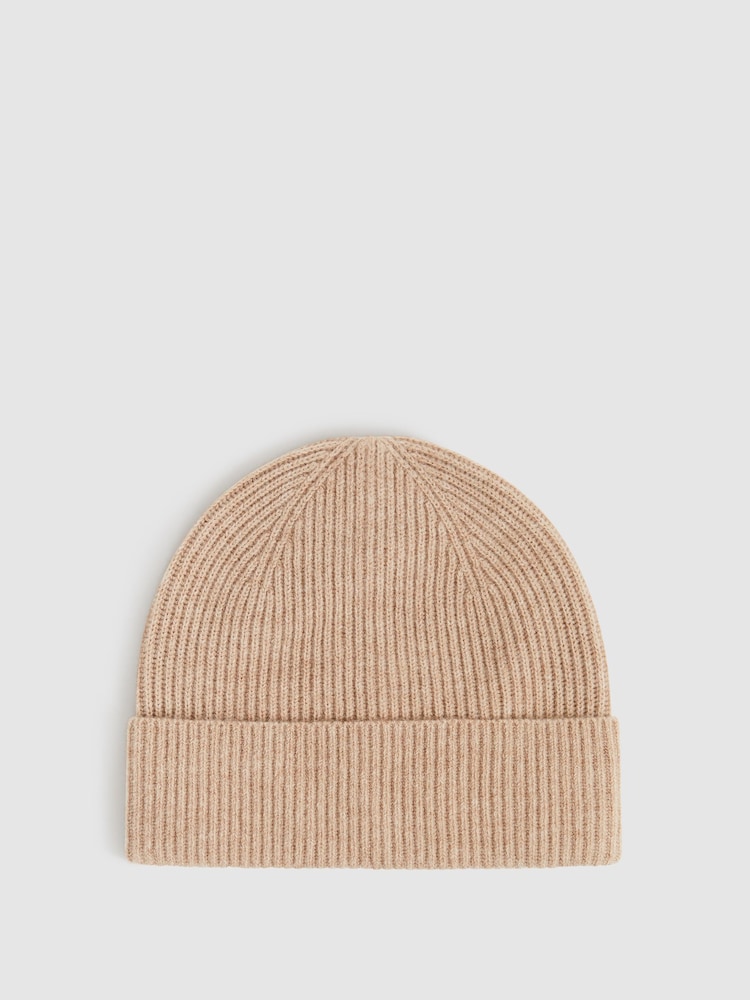Reiss Camel Chaise Merino Wool Ribbed Beanie Hat - Image 1 of 5