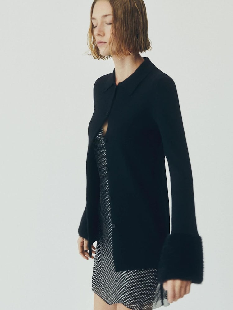 Mango Faux Fur Detail Black Cardigan - Image 2 of 7 Mango Faux Fur Detail Black Cardigan - Image 2 of 7