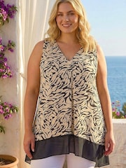Roman Black Curve Animal Print Chiffon Hem Vest Top - Image 1 of 4
