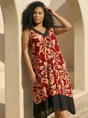 Roman Red Curve Floral Print V-Neck Dress - Image 1 of 4