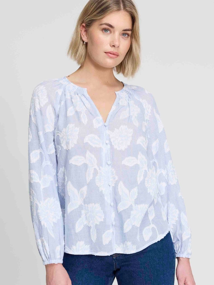 Finery Blue Floral Stripe Ivie Button Through Long Sleeve Blouse - Image 1 of 4 Finery Blue Floral Stripe Ivie Button Through Long Sleeve Blouse - Image 1 of 4
