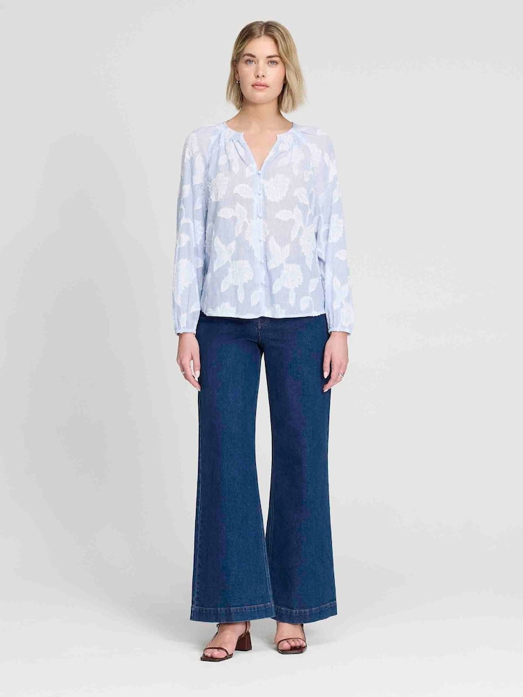 Finery Blue Floral Stripe Ivie Button Through Long Sleeve Blouse - Image 2 of 4 Finery Blue Floral Stripe Ivie Button Through Long Sleeve Blouse - Image 2 of 4