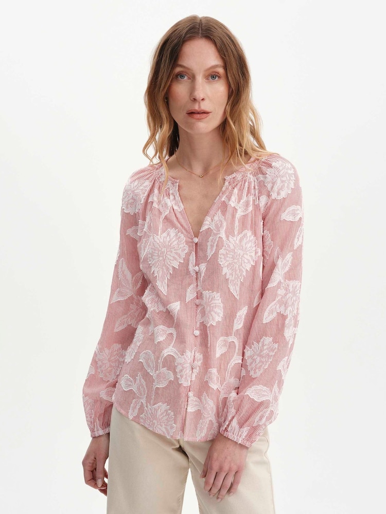 Finery Red Floral Stripe Ivie Button Through Long Sleeve Blouse - Image 1 of 4 Finery Red Floral Stripe Ivie Button Through Long Sleeve Blouse - Image 1 of 4