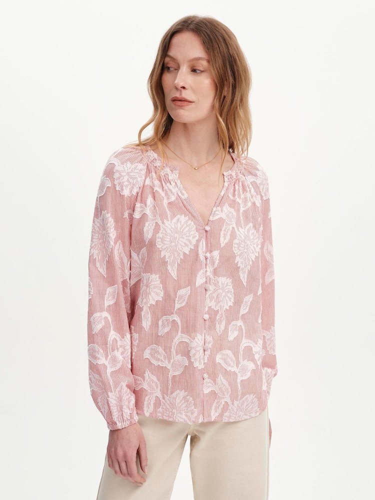Finery Red Floral Stripe Ivie Button Through Long Sleeve Blouse - Image 2 of 4 Finery Red Floral Stripe Ivie Button Through Long Sleeve Blouse - Image 2 of 4