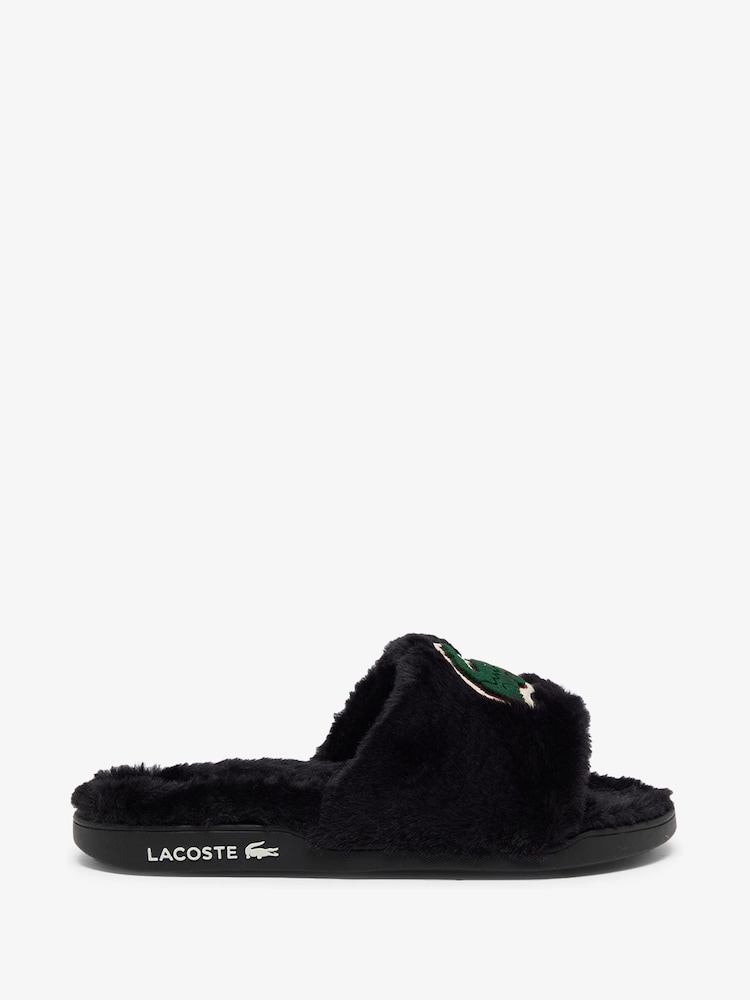 Lacoste Black Fleece Lined Serve Slide Slippers - Image 1 of 6 Lacoste Black Fleece Lined Serve Slide Slippers - Image 1 of 6