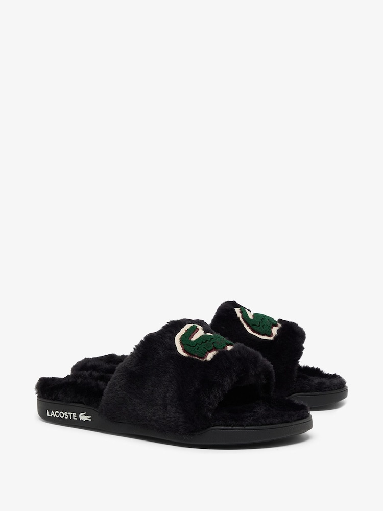Lacoste Black Fleece Lined Serve Slide Slippers - Image 2 of 6 Lacoste Black Fleece Lined Serve Slide Slippers - Image 2 of 6