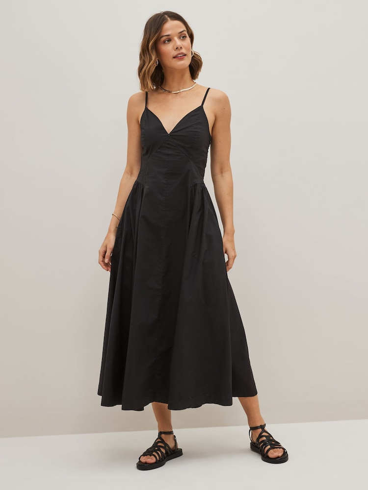 Black Strappy Waisted 100% Cotton Midi Dress - Image 1 of 6