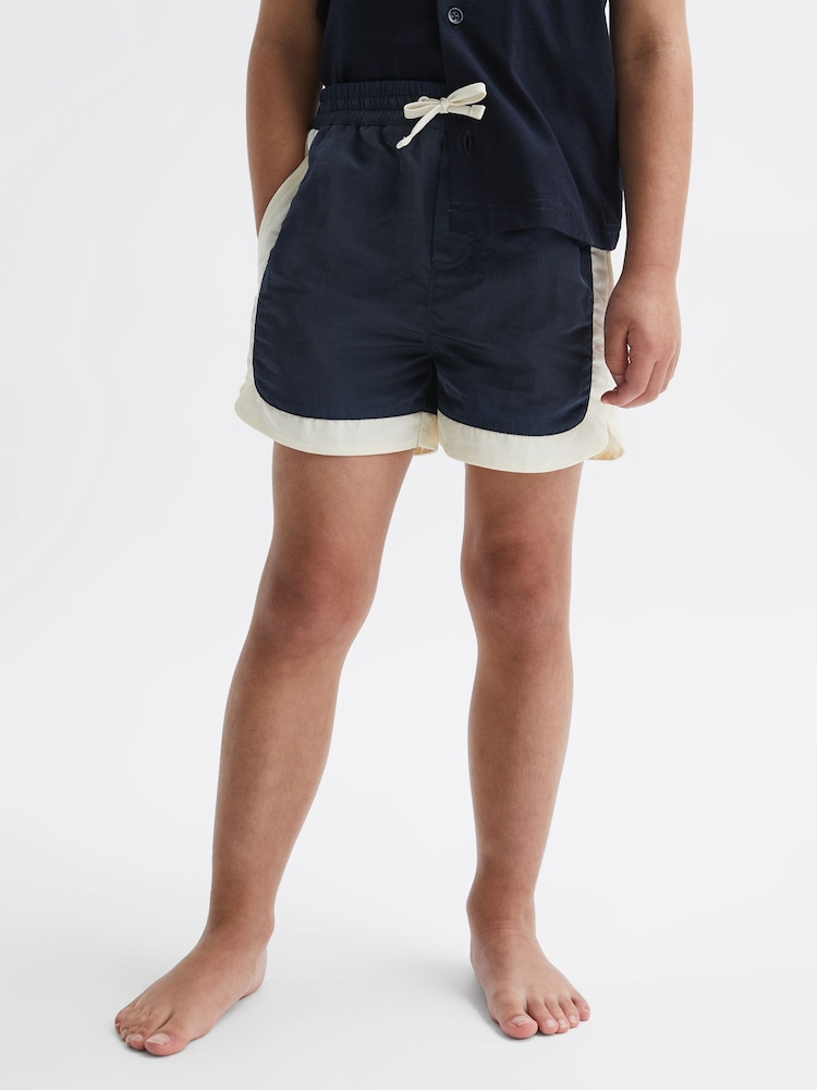 Reiss Navy/Ecru Surf Senior Drawstring Contrast Swim Shorts - Image 1 of 7